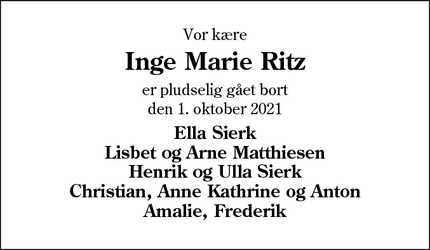 Dødsannoncen for Inge Marie Ritz - Haderslev