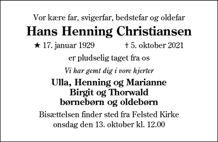 Dødsannoncen for Hans Henning Christiansen - Bovrup