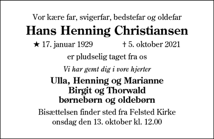 Dødsannoncen for Hans Henning Christiansen - Bovrup