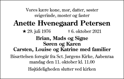 Dødsannoncen for Anette Hvenegaard Petersen - Aabenraa