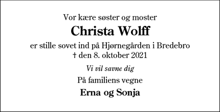 Dødsannoncen for Christa Wolff - Tønderafdelingen