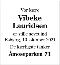 Dødsannoncen for Vibeke Lauridsen - Esbjerg