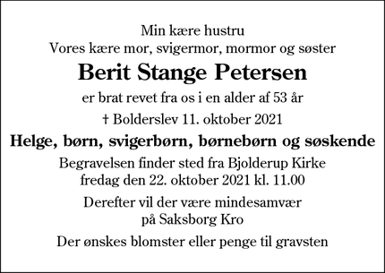Dødsannoncen for Berit Stange Petersen - Bolderslev