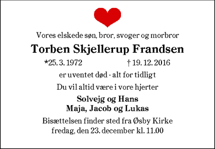 Dødsannoncen for Torben Skjellerup Frandsen - Haderslev