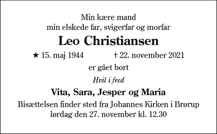 Dødsannoncen for Leo Christiansen - Brørup