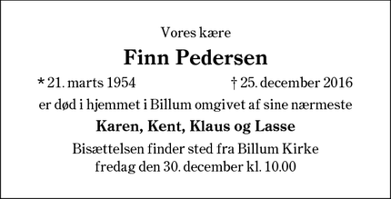 Dødsannoncen for Finn Pedersen - Billum