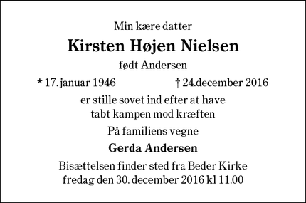Dødsannoncen for Kirsten Højen Nielsen - Beder