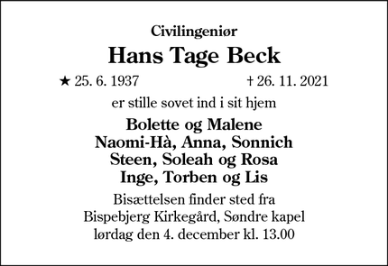 Dødsannoncen for Hans Tage Beck - Holbæk