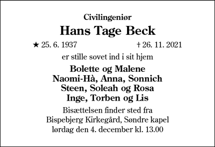 Dødsannoncen for Hans Tage Beck - Holbæk