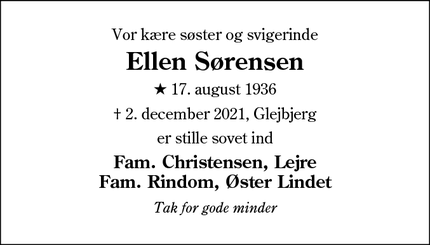 Dødsannoncen for Ellen Sørensen - RØDDING