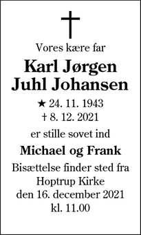 Dødsannoncen for Karl Jørgen Juhl Johansen - Haderslev