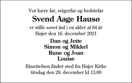 Dødsannoncen for Svend Aage Hausø - Højer