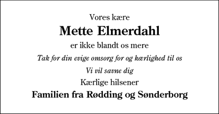 Dødsannoncen for Mette Elmerdahl - Sønderborg