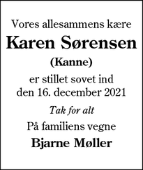 Dødsannoncen for Karen Sørensen - Varde