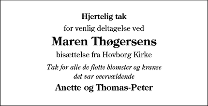 Taksigelsen for Maren Thøgersens - Hovborg