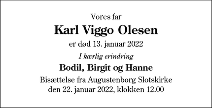 Dødsannoncen for Karl Viggo Olesen - Ølgod