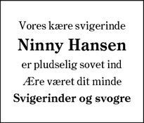 Dødsannoncen for Ninny Hansen - Esbjerg