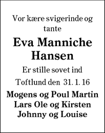 Dødsannoncen for Eva Manniche Hansen - Toftlund