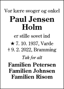 Dødsannoncen for Paul Jensen
Holm - Bramming