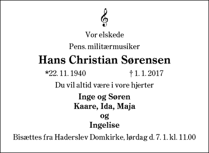 Dødsannoncen for Hans Christian Sørensen - Haderslev