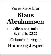 Dødsannoncen for Klaus
Abrahamsen - Tarm