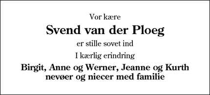 Dødsannoncen for Svend van der Ploeg - Vojens