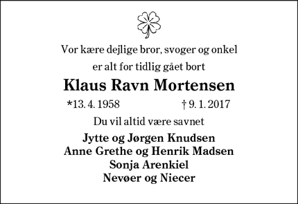 Dødsannoncen for Klaus Ravn Mortensen - Bramming