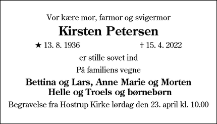 Dødsannoncen for Kirsten Petersen - Løgumkloster