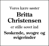 Dødsannoncen for Britta
Christensen - Aarre