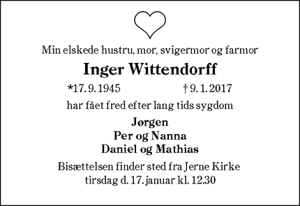 Dødsannoncen for Inger Wittendorff - Esbjerg