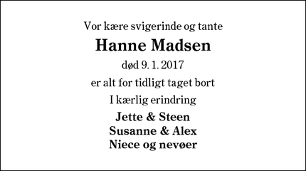 Dødsannoncen for Hanne Madsen - Varde