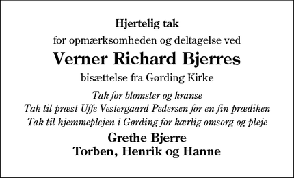 Taksigelsen for Verner Richard Bjerres - Gredstedbro