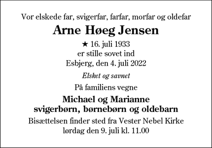 Dødsannoncen for Arne Høeg Jensen - Esbjerg N