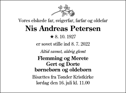 Dødsannoncen for Nis Andreas Petersen - Tønder