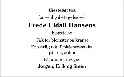 Taksigelsen for Frede Uldall Hansens - Aabenraa