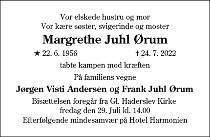 Dødsannoncen for Margrethe Juhl Ørum - Haderslev