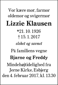 Dødsannoncen for Lizzie Klausen - Esbjerg