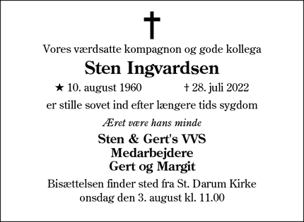 Dødsannoncen for Sten Ingvardsen - Gredstedbro