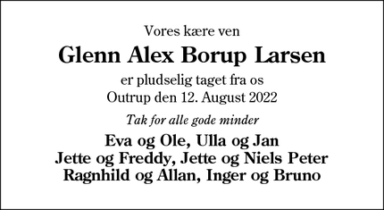 Dødsannoncen for Glenn Alex Borup Larsen - Outrup