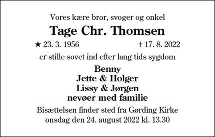Dødsannoncen for Tage Chr. Thomsen - 6690 Gørding