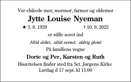 Dødsannoncen for Jytte Louise Nyeman - Aabenraa