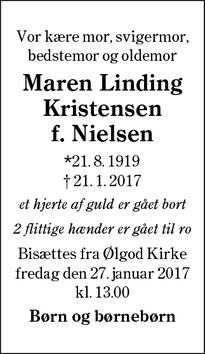 Dødsannoncen for Maren Linding Kristensen
f. Nielsen - Ølgod