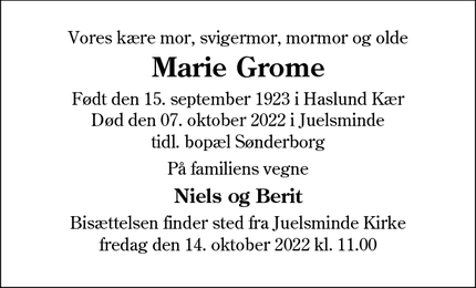 Dødsannoncen for Marie Grome - Juelsminde