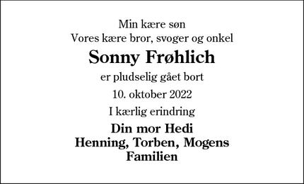 Dødsannoncen for Sonny Frøhlich - Haderslev