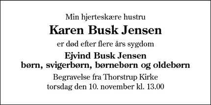 Dødsannoncen for Karen Busk Jensen - Thorstrup