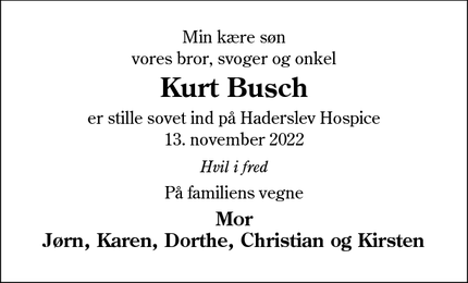 Dødsannoncen for Kurt Busch - Vamdrup