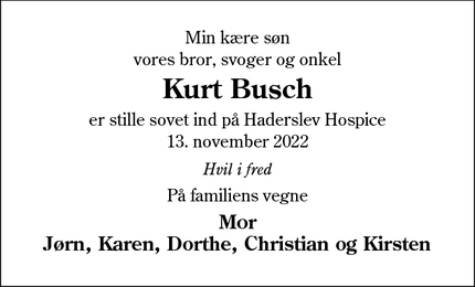 Dødsannoncen for Kurt Busch - Vamdrup