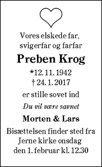 Dødsannoncen for Preben Krog - Esbjerg