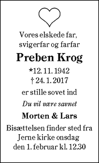 Dødsannoncen for Preben Krog - Esbjerg