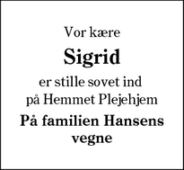 Dødsannoncen for Sigrid - Lyne